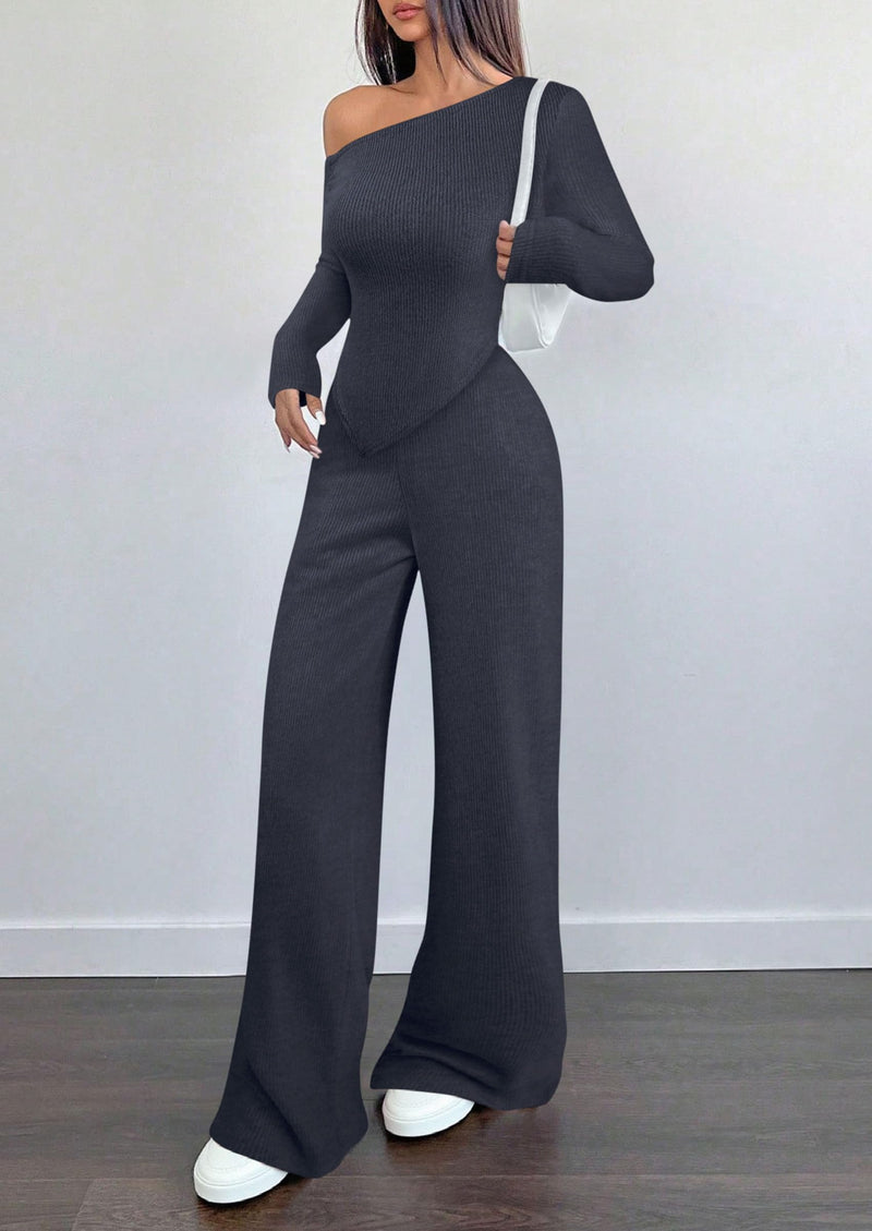 PRETTYGARDEN Casual Two Piece Sets for Women Fall Outfits Asymmetrical Off Shoulder Tops Wide Leg Pants Knit Lounge Set