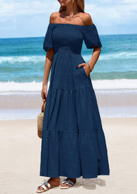 Puff Short Sleeve Square Neck Smocked Tiered Ruffle A Line Flowy Beach Maxi Dresses