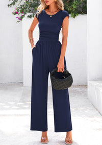 Dressy Ribbed Cap Sleeve Wide Leg Pants Elegant Casual Jumpsuits