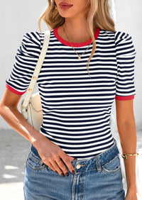 Puff Sleeve Casual Ribbed Knit Color Block Striped Pullover T-shirts
