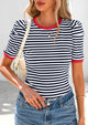 Puff Sleeve Casual Ribbed Knit Color Block Striped Pullover T-shirts