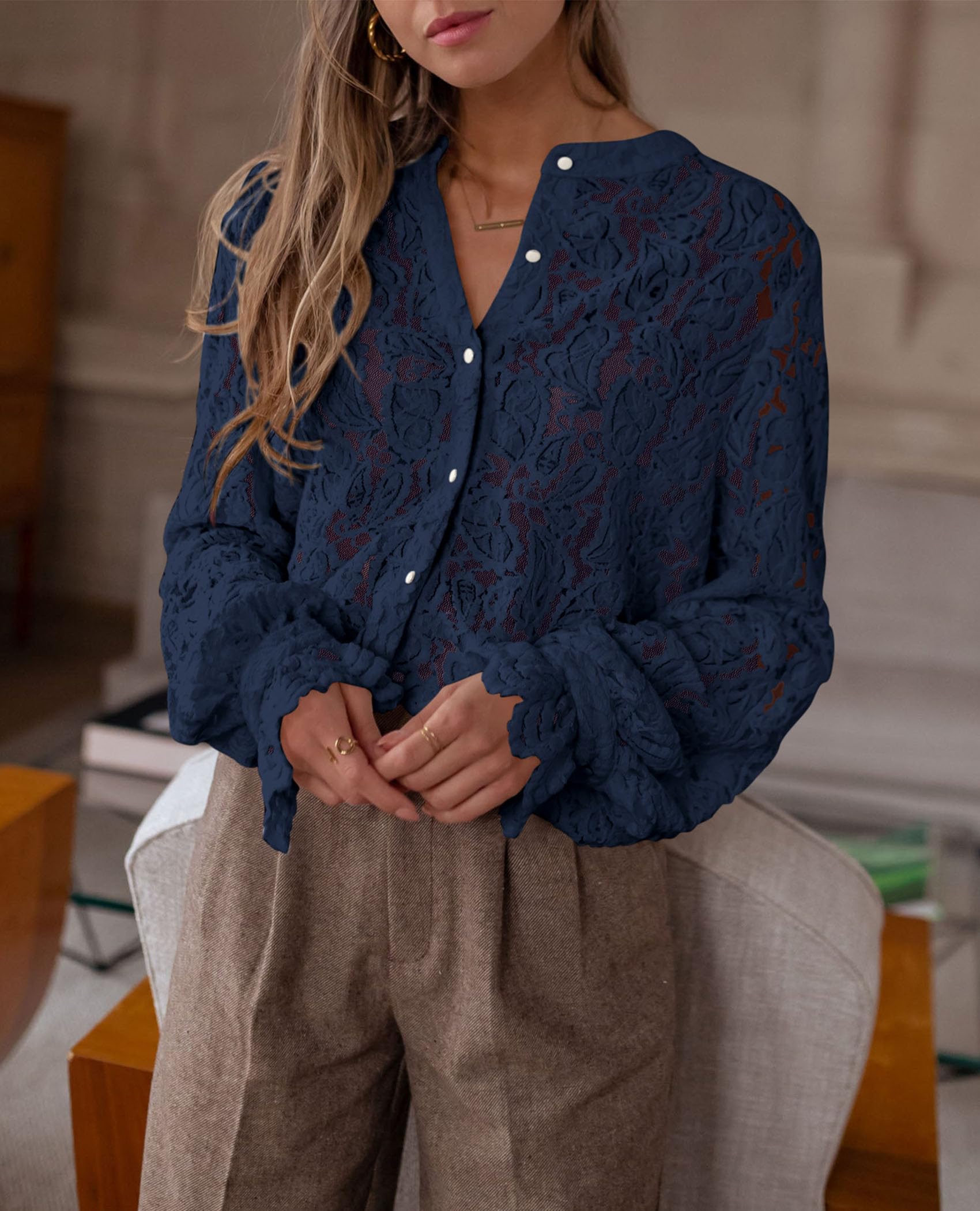 PRETTYGARDEN Women's Dressy Casual Lace Blouse Long Sleeve Button Up Shirts Tops Spring Fall Fashion Clothes