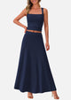 Crop Tank Top Flowy Midi Skirts Ribbed Knit Casual Two Piece Skirt Set