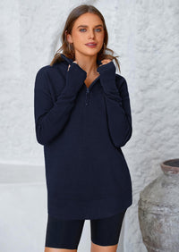 PRETTYGARDEN Womens Long Sleeve Quarter Zip Pullover Sweater Casual Loose V Neck Collared Ribbed Knit Jumper Tops Thumb Hole