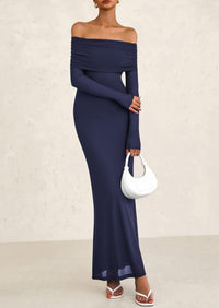 Off The Shoulder Bodycon Long Sleeve Mesh Maxi Dress