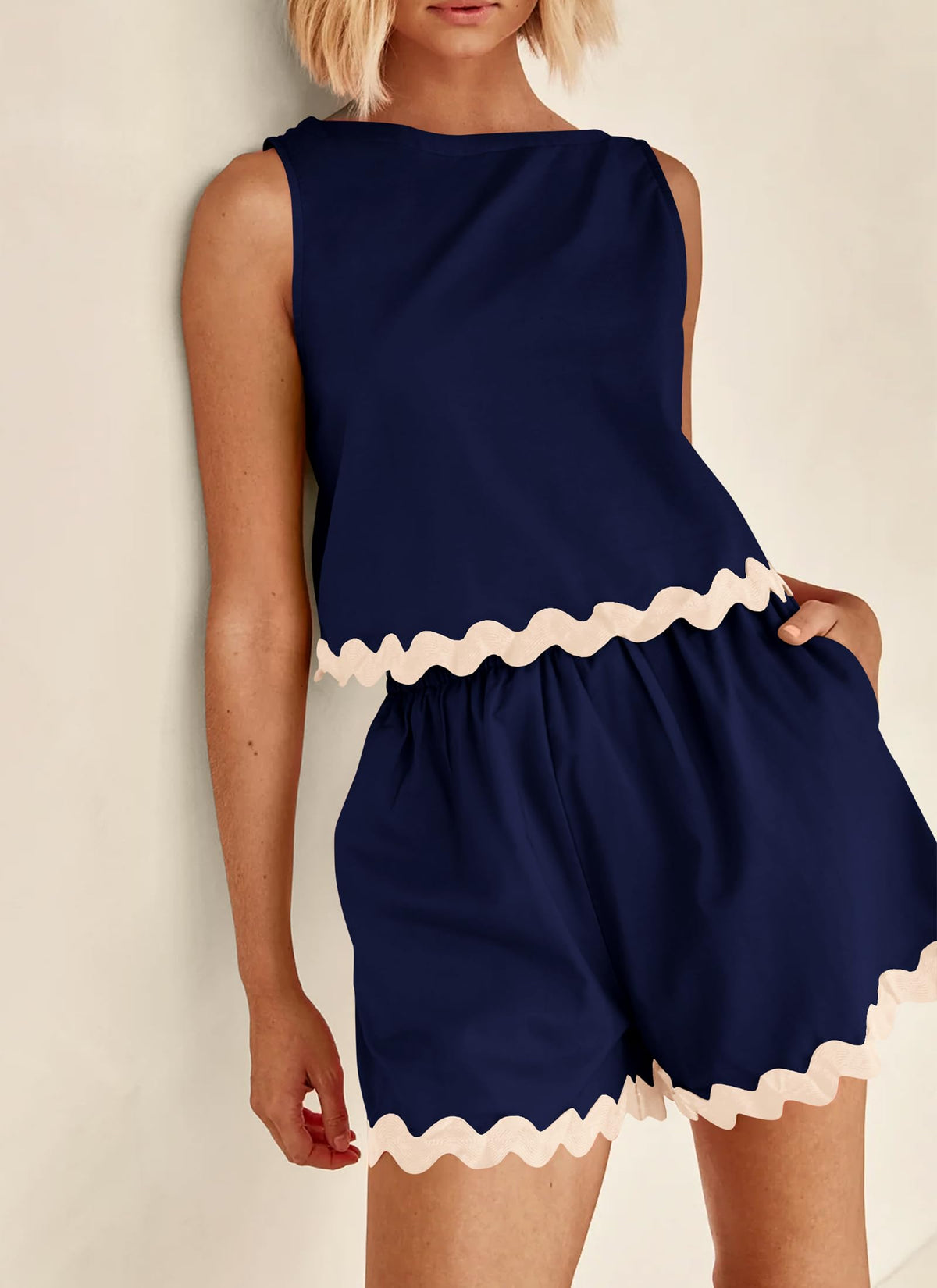 Beach Vacation Cropped Tank Top High Waist Shorts Two Piece Set