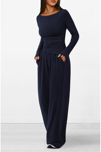 Asymmetrical Long Sleeve T-Shirt Wide Leg Pants Casual 2 Piece Sets