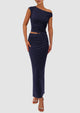 One Shoulder Sleeveless Ruched Slit Bodycon Two Piece Skirt Set