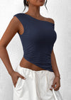 PRETTYGARDEN Womens Off The Shoulder Tops Summer Sleeveless One Shoulder Ruched Asymmetrical Y2K Going Out Crop Tank Top