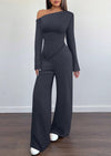 PRETTYGARDEN Casual Two Piece Sets for Women Fall Outfits Asymmetrical Off Shoulder Tops Wide Leg Pants Knit Lounge Set