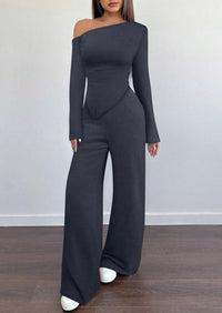 PRETTYGARDEN Casual Two Piece Sets for Women Fall Outfits Asymmetrical Off Shoulder Tops Wide Leg Pants Knit Lounge Set