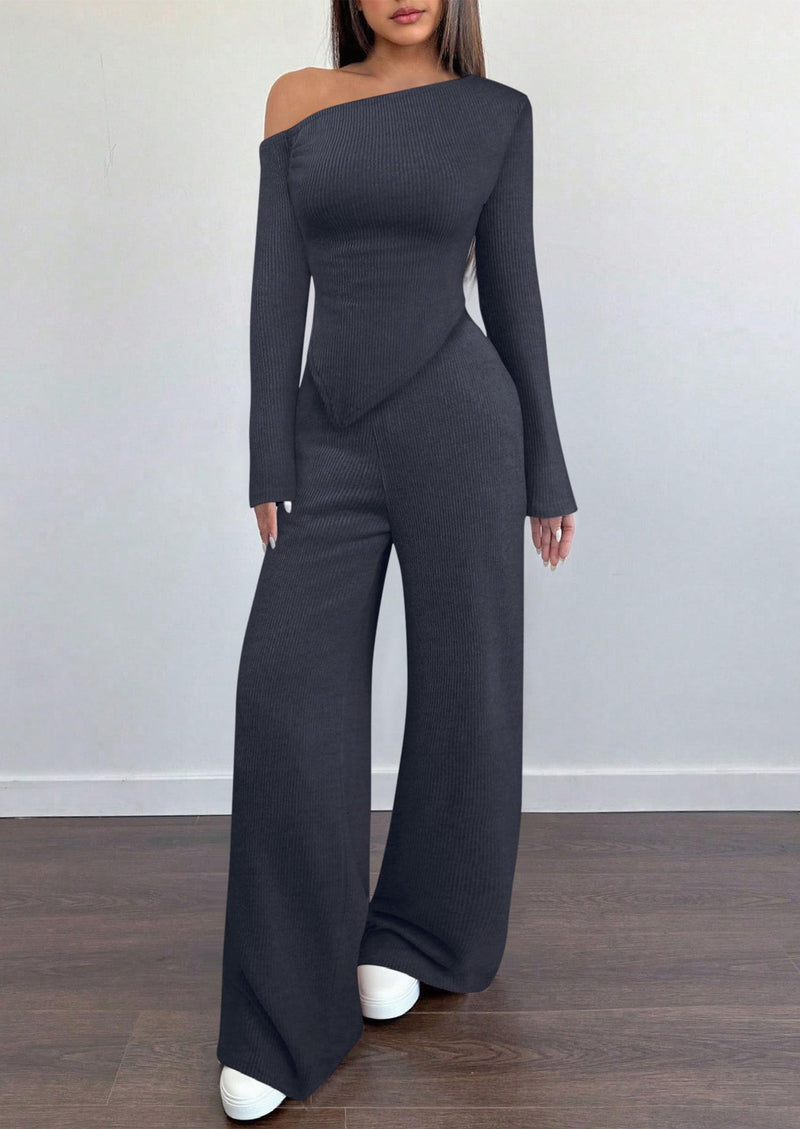 PRETTYGARDEN Casual Two Piece Sets for Women Fall Outfits Asymmetrical Off Shoulder Tops Wide Leg Pants Knit Lounge Set