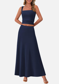 Crop Tank Top Flowy Midi Skirts Ribbed Knit Casual Two Piece Skirt Set