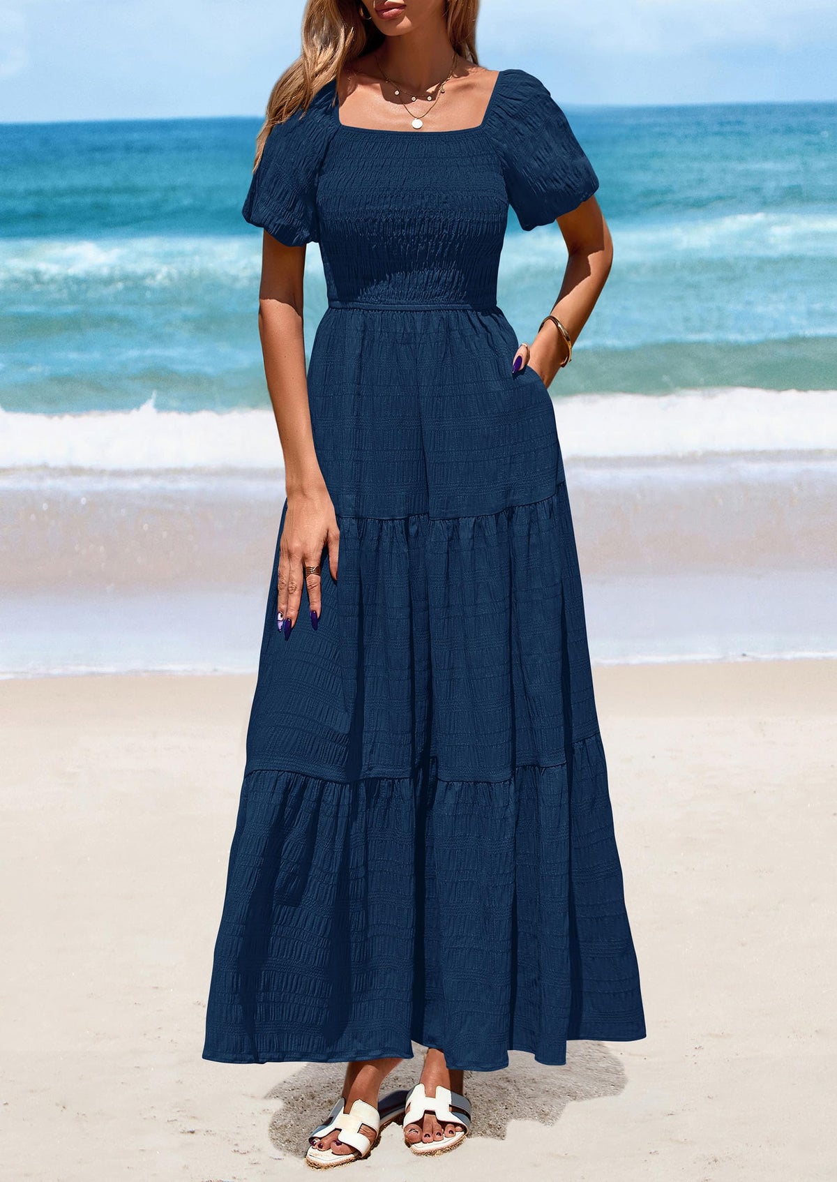 Puff Short Sleeve Square Neck Smocked Tiered Ruffle A Line Flowy Beach Maxi Dresses
