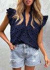 PRETTYGARDEN Womens Summer Tops 2025 Dressy Casual Ruffle Cap Sleeve Button V Neck Embroidered Eyelet Blouses Shirts