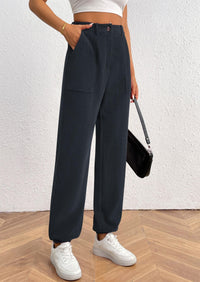 Elastic High Waisted Work Office Corduroy Casual Pants with Pockets