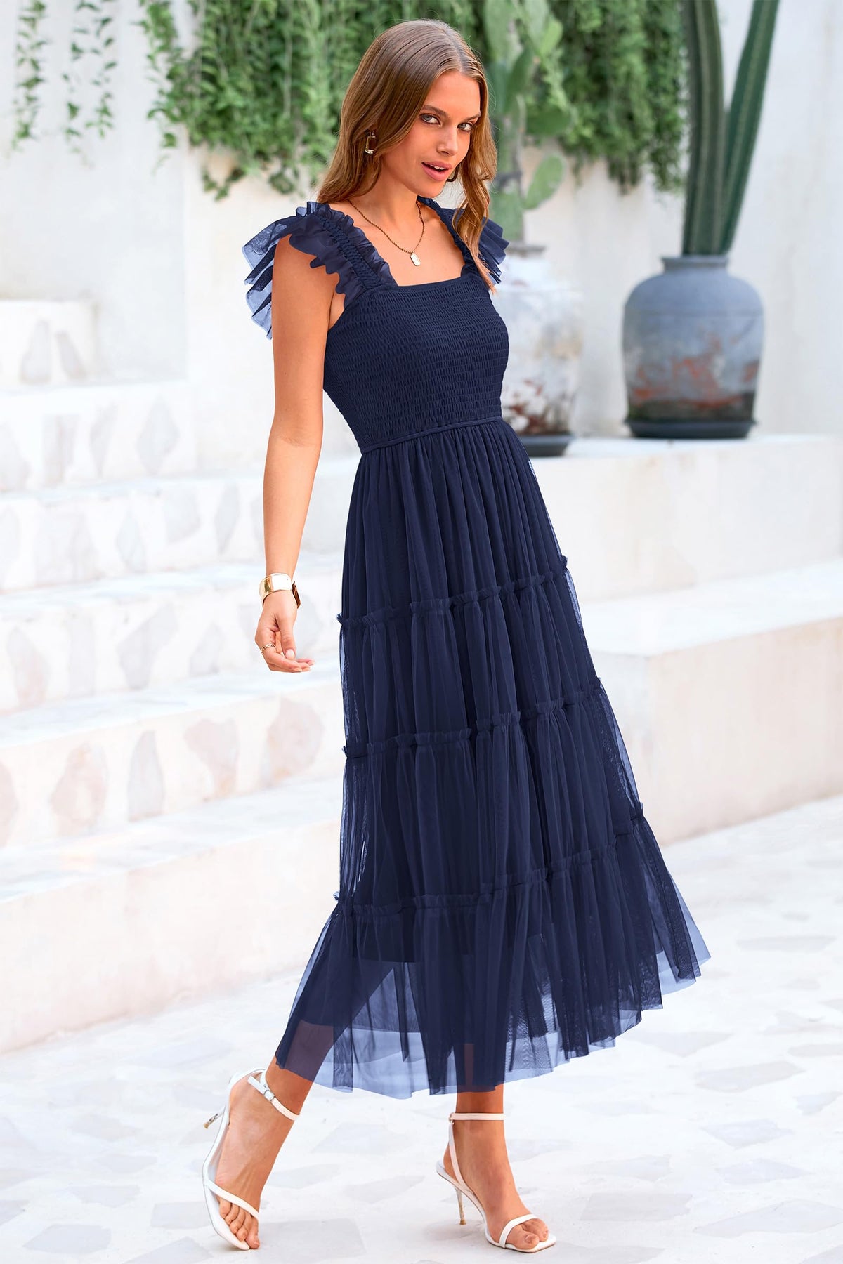 Casual Sleeveless Smocked Ruffle Tulle Flowy Beach Sundress