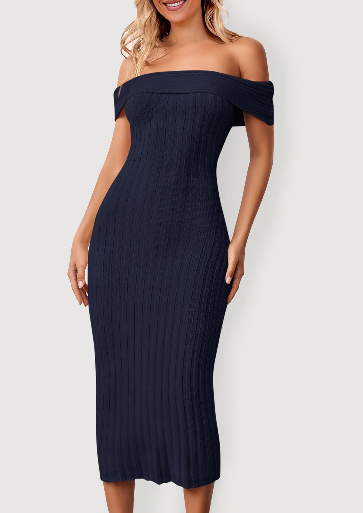 Off The Shoulder Elegant Ribbed Knit Bodycon Wedding Guest Sweater Midi Dresses