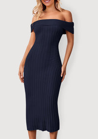 Off The Shoulder Elegant Ribbed Knit Bodycon Wedding Guest Sweater Midi Dresses