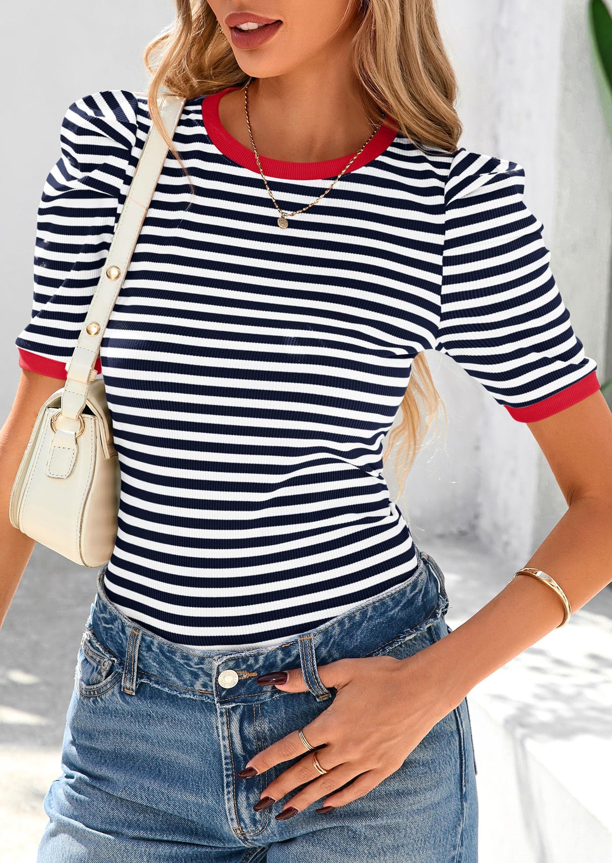 Puff Sleeve Casual Ribbed Knit Color Block Striped Pullover T-shirts