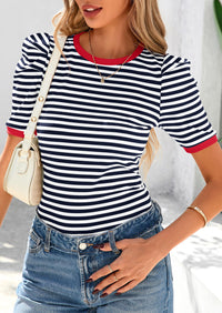 Puff Sleeve Casual Ribbed Knit Color Block Striped Pullover T-shirts