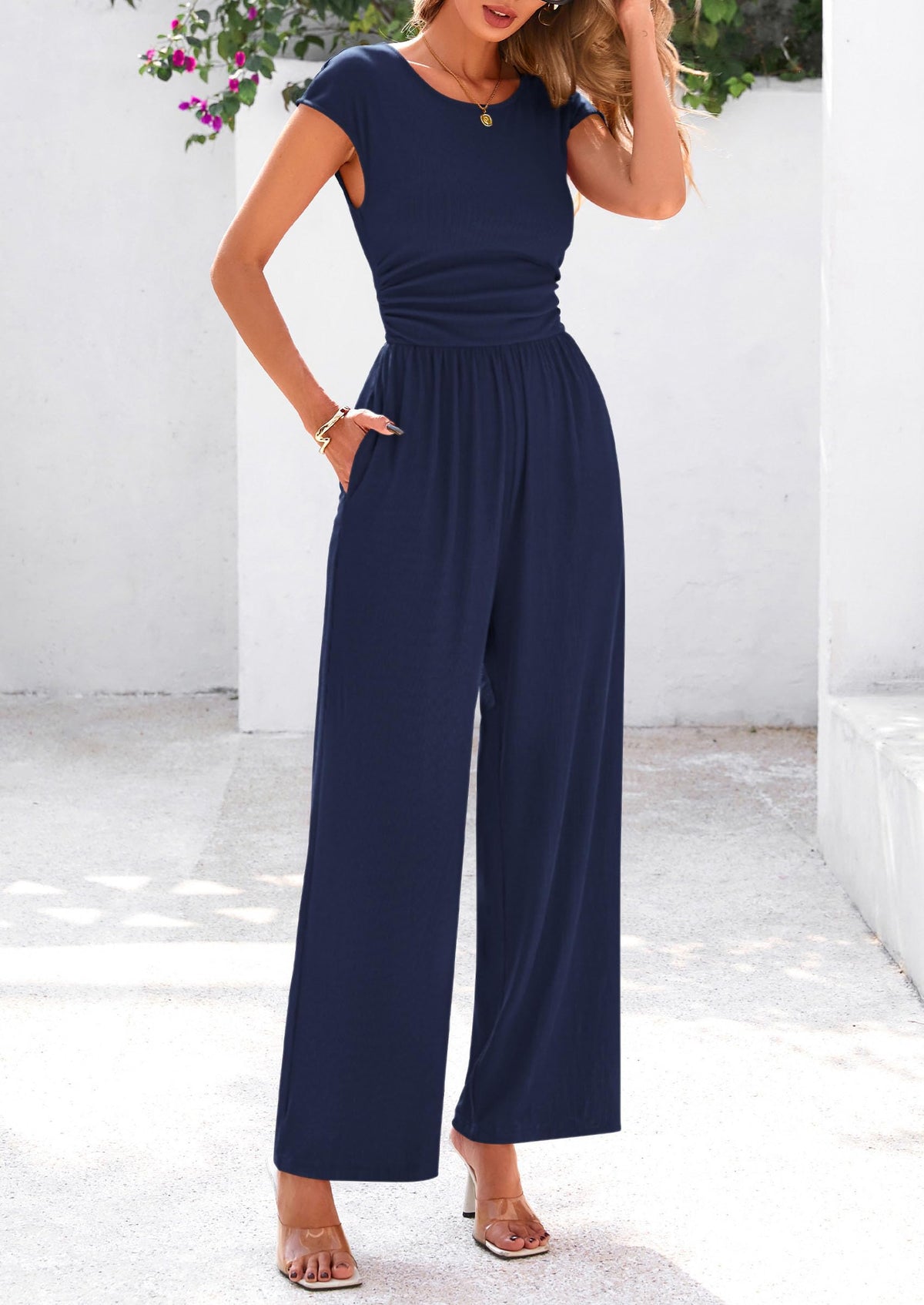 Dressy Ribbed Cap Sleeve Wide Leg Pants Elegant Casual Jumpsuits