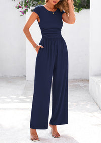 Dressy Ribbed Cap Sleeve Wide Leg Pants Elegant Casual Jumpsuits