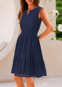 Sleeveless V Neck Eyelet Hollow Out Swing A Line Beach Vacation Dresses