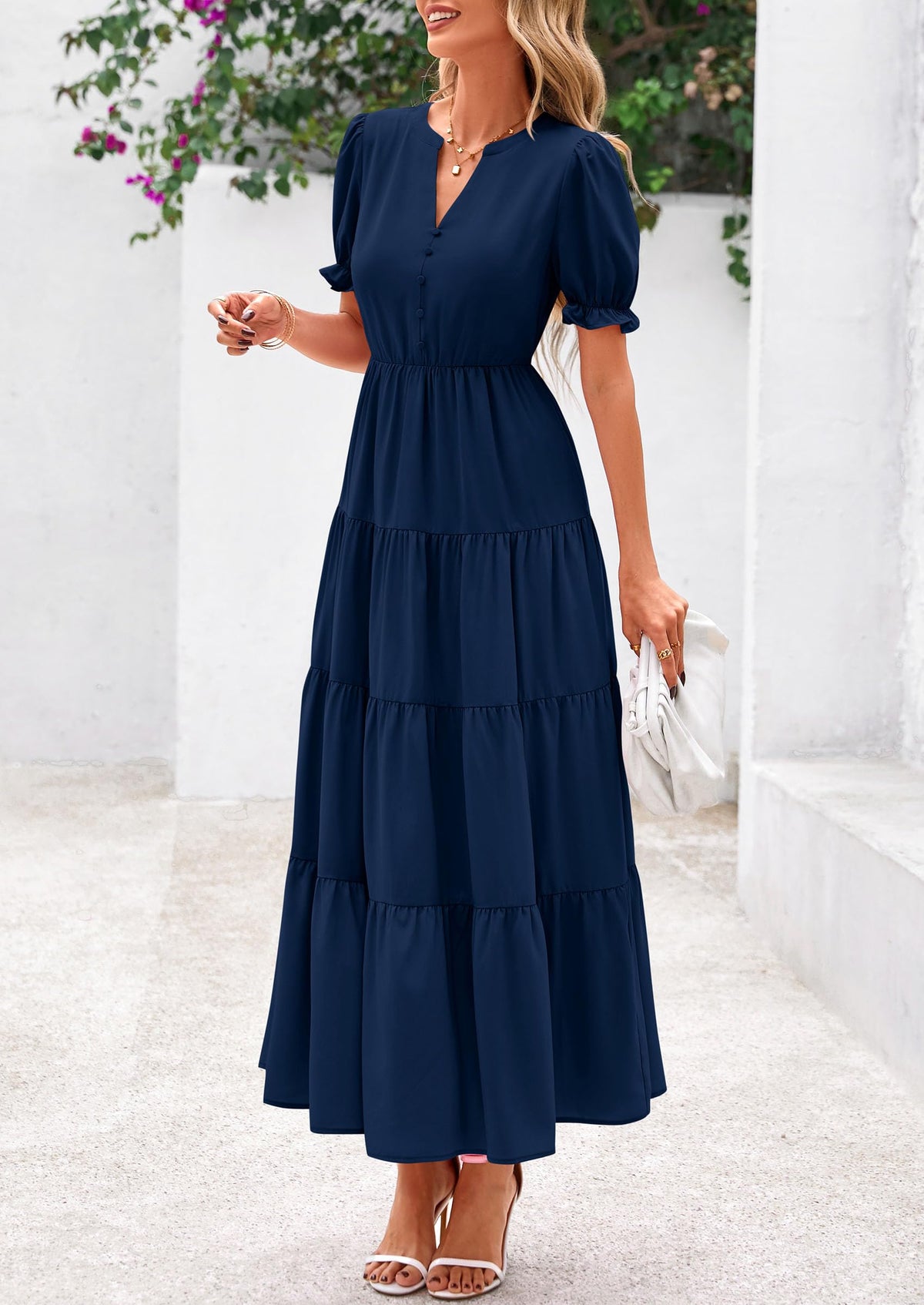 Casual Short Sleeve V Neck Tiered Flowy Beach Vacation Maxi Dress with Pockets