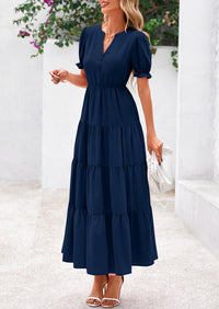 Casual Short Sleeve V Neck Tiered Flowy Beach Vacation Maxi Dress with Pockets