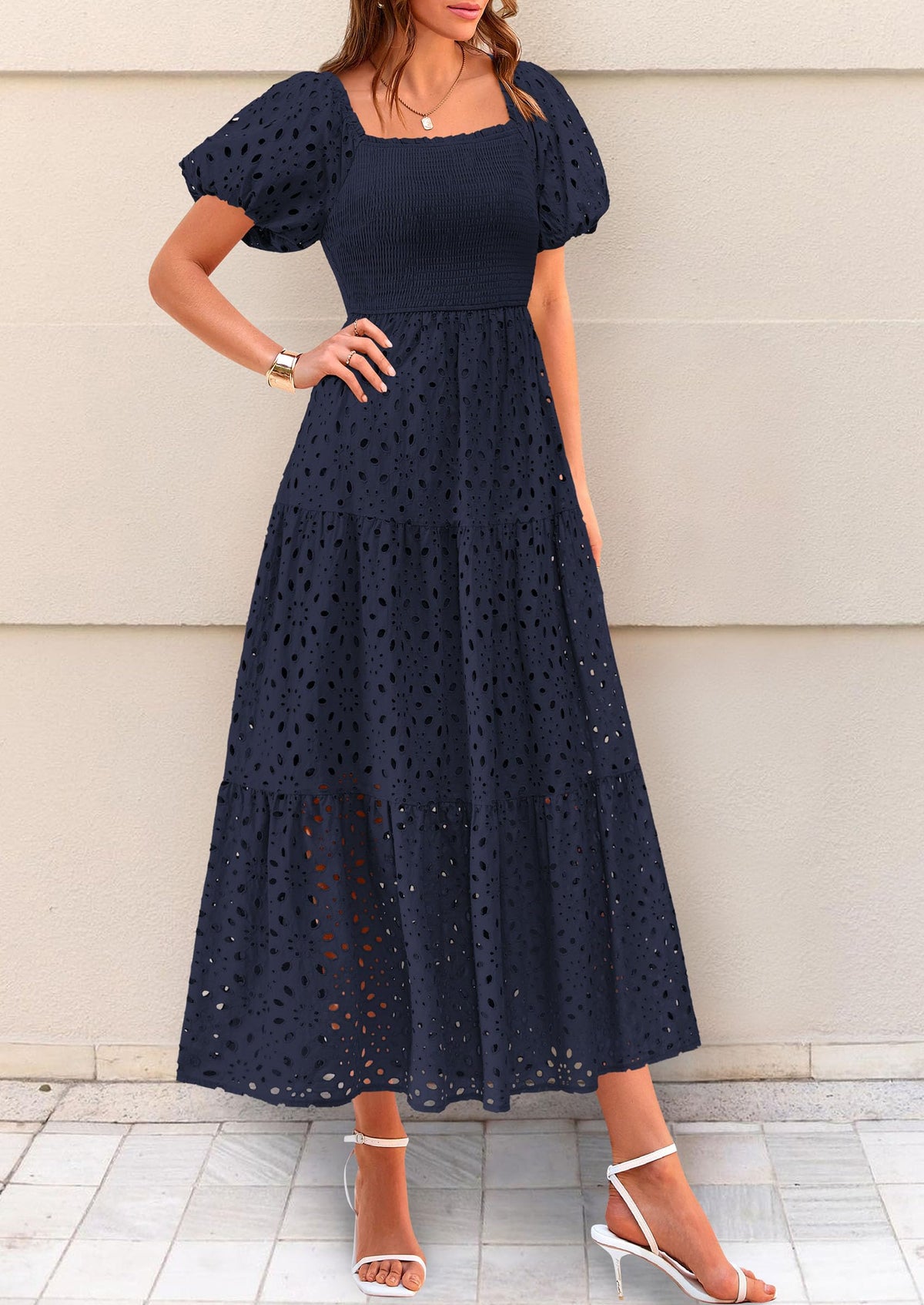 Eyelet Square Neck Puff Sleeve Smocked Maxi Dress with Pockets