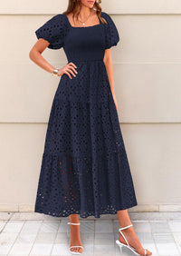 Eyelet Square Neck Puff Sleeve Smocked Maxi Dress with Pockets