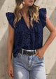 Casual Ruffle Cap Sleeve Button V Neck Embroidered Eyelet Blouses