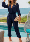 PRETTYGARDEN Women's Fall Jumpsuits Dressy Casual Pants Romper Spring Long Sleeve V Neck Belt Pockets One Piece Outfits