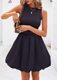 Casual Sleeveless Tank Mini Short Dress Crew Neck Bubble Dress with Pockets