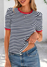 Puff Sleeve Casual Ribbed Knit Color Block Striped Pullover T-shirts