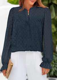 Eyelet Long Sleeve Casual Hollow Out Button Up Lace Blouse
