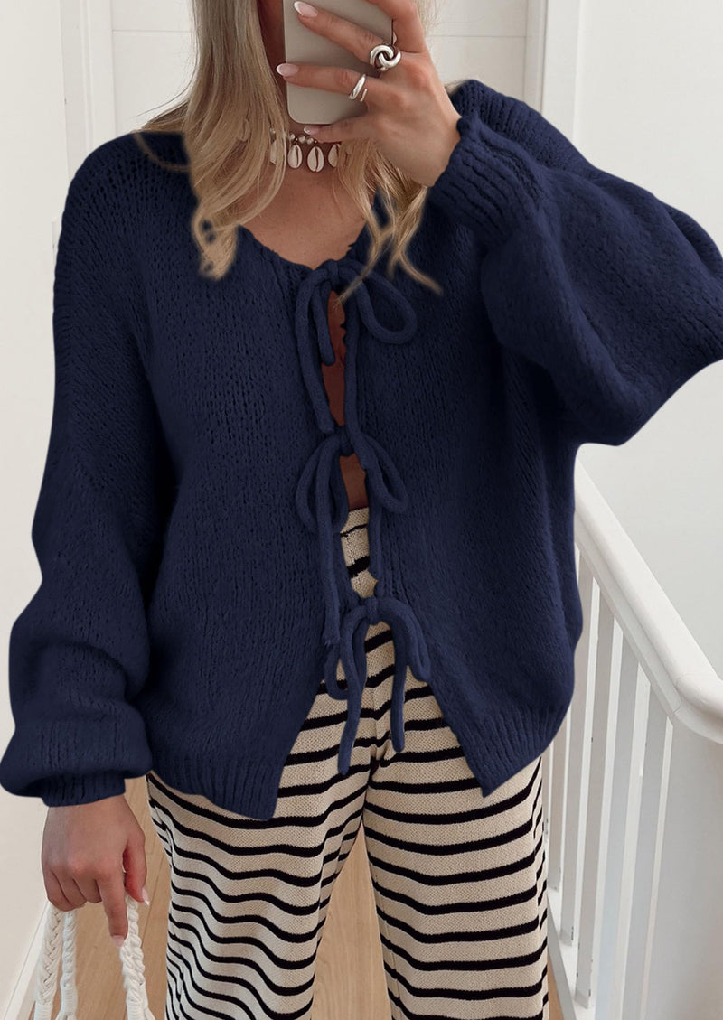 PRETTYGARDEN Women's Tie Front Bow Cardigan Sweaters Chunky Knit Long Puff Sleeve Trendy Fall Winter Jacket Coats