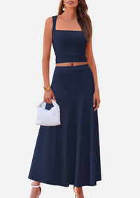 Crop Tank Top Flowy Midi Skirts Ribbed Knit Casual Two Piece Skirt Set