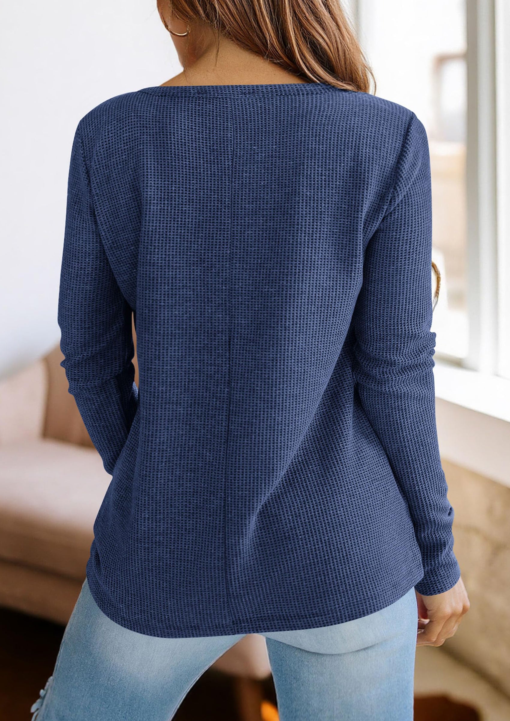 PRETTYGARDEN Long Sleeve Shirts for Women Fall V Neck Waffle Basic Tee Dressy Casual Winter Blouses Knit Tunic Tops