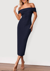 Off The Shoulder Elegant Ribbed Knit Bodycon Wedding Guest Sweater Midi Dresses