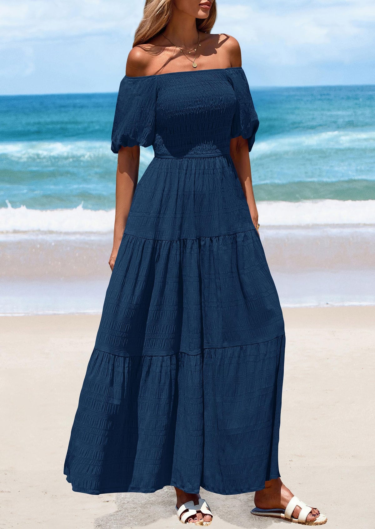Puff Short Sleeve Square Neck Smocked Tiered Ruffle A Line Flowy Beach Maxi Dresses
