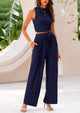 Ribbed Knit Sleeveless Crop Tank Tops Wide Leg Casual Pants Two Piece Sets