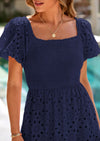 PRETTYGARDEN Dresses for Women Eyelet Square Neck Puff Sleeve Smocked Wedding Guest Maxi Dress with Pockets