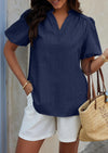 PRETTYGARDEN Womens Casual Summer Tops V Neck Short Puff Sleeve Pleated Cotton T Shirts Loose Dressy Blouses