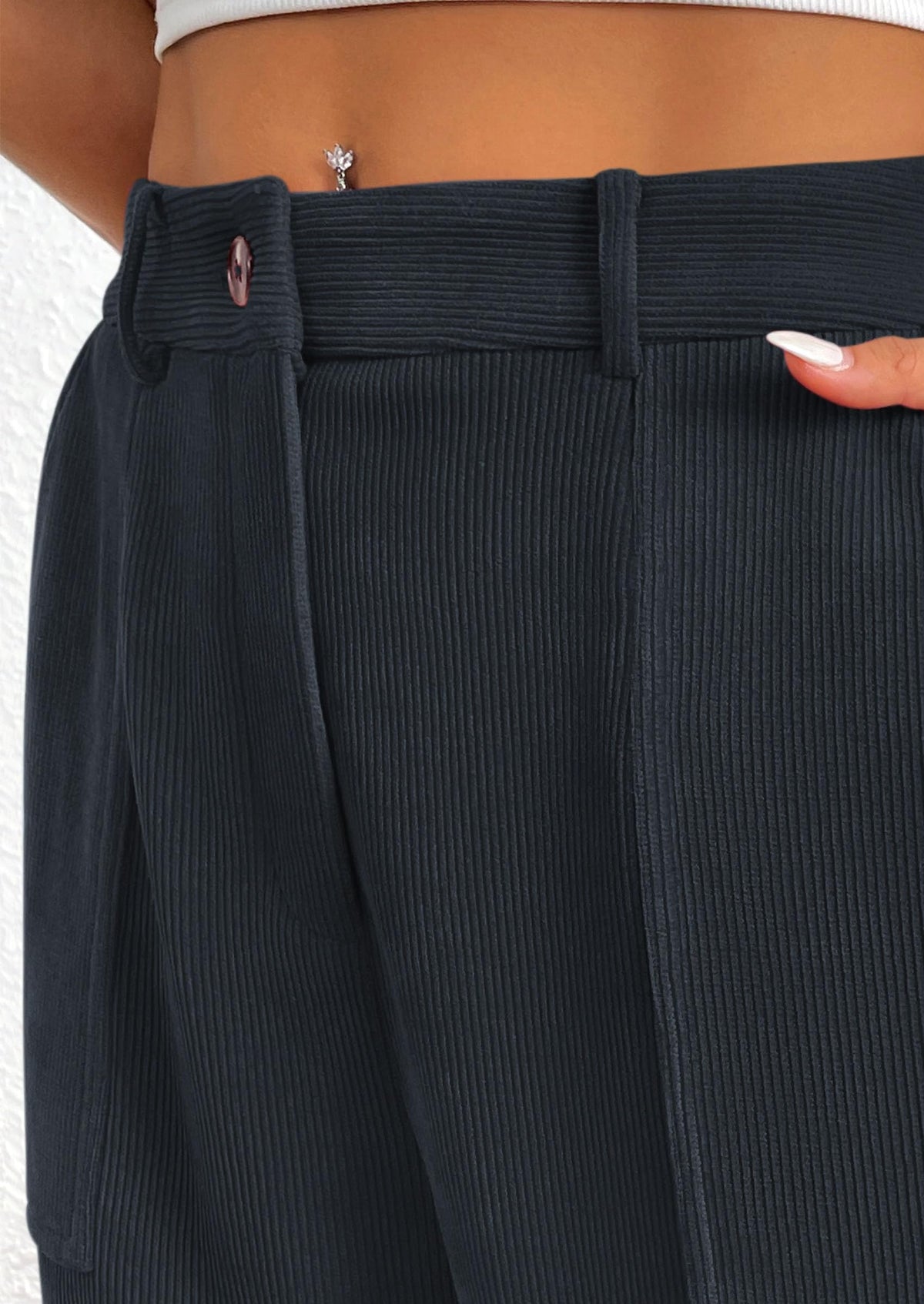 Elastic High Waisted Work Office Corduroy Casual Pants with Pockets