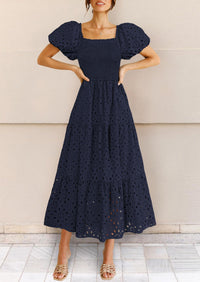 Eyelet Square Neck Puff Sleeve Smocked Maxi Dress with Pockets