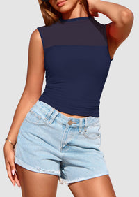 Sheer Mesh Casual Sleeveless Mock Neck Ruched Slim Fitted Tank Tops