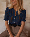 PRETTYGARDEN Womens Spring Lace Tops Short Puff Sleeve Casual Dressy Blouses Eyelet Crew Neck Button Down Shirts