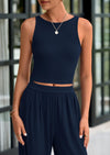 PRETTYGARDEN Two Piece Sets Ribbed Knit Crew Neck Sleeveless Tank Tops Wide Leg Pants Casual Lounge Set